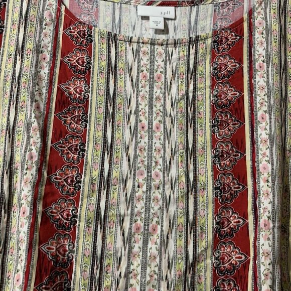 J Jill Top Women's Tunic Size Medium Red Tan 100% Rayon Long Sleeve Boho Flowy - Picture 8 of 13